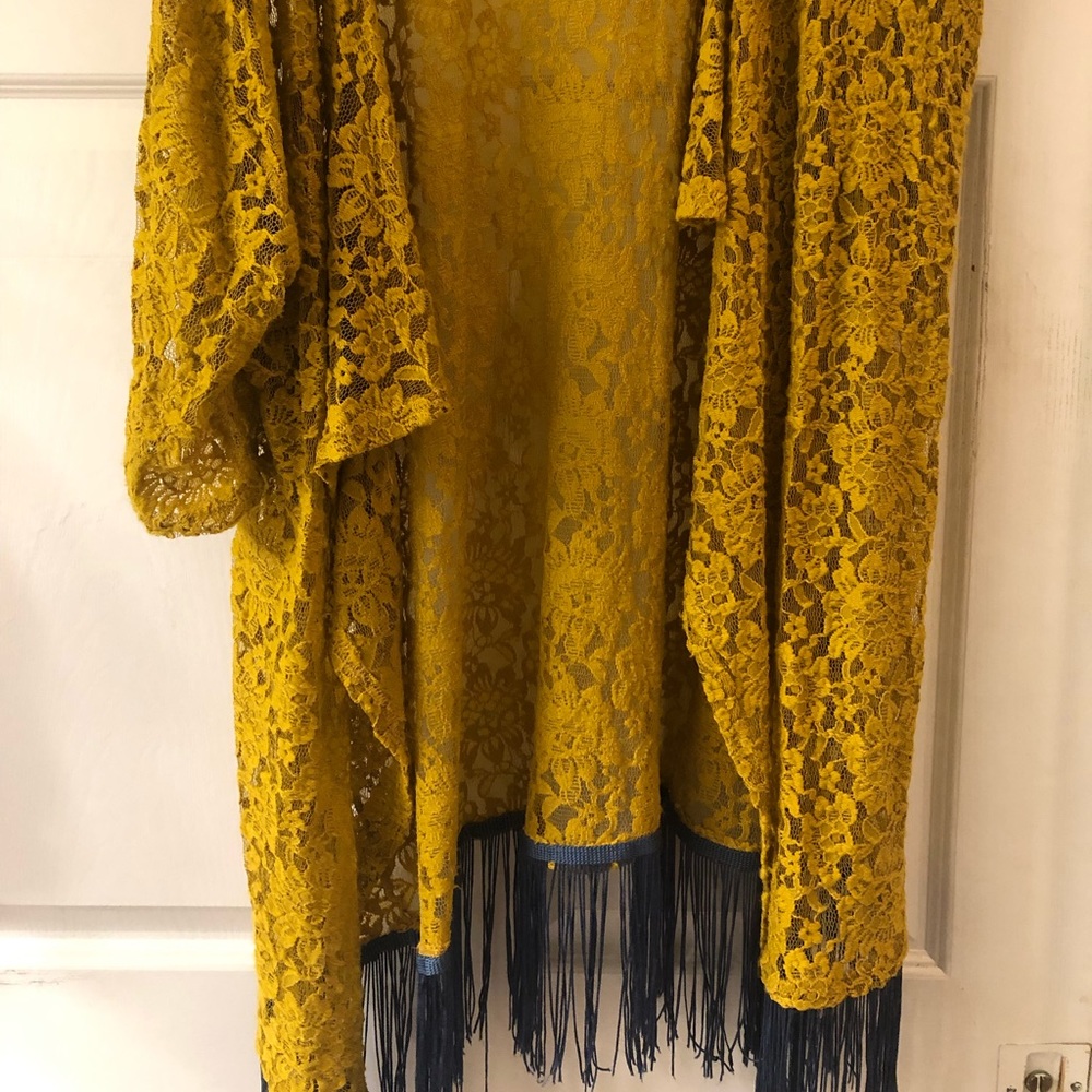 Lularoe Monroe -mustard yellow w/blue fringe